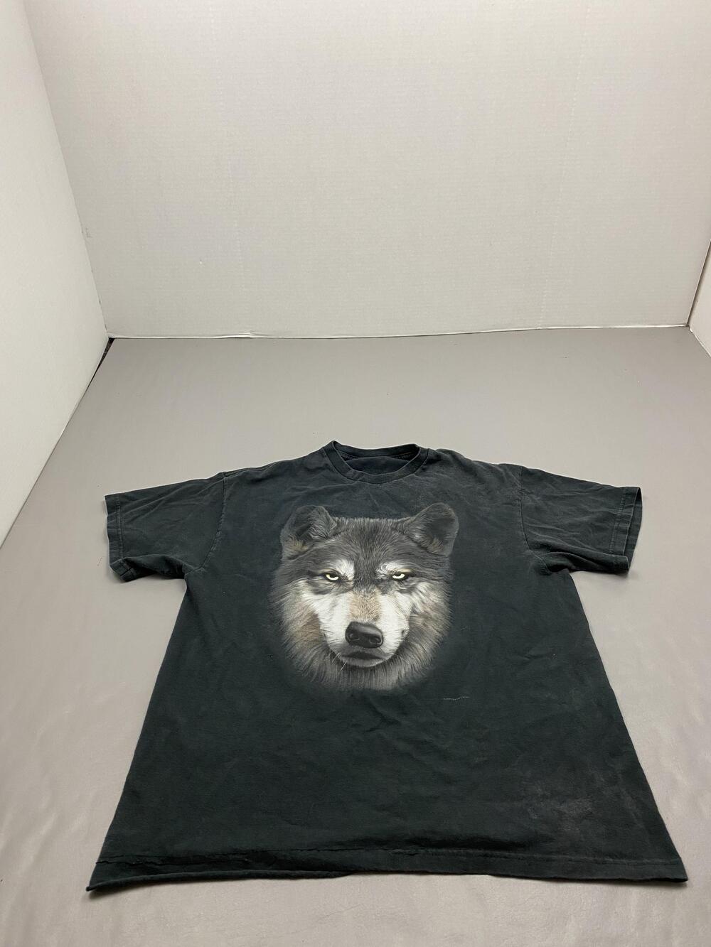 Shirt Mens L Black Grey Wolf Graphic Heavyweight Crew Neck Cotton Tee Animal